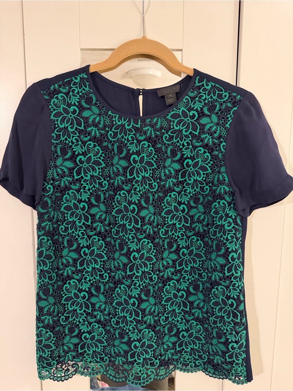 J.Crew Collection Emerald Floral Embroidered Lace Top Silk Sleeves Size 0